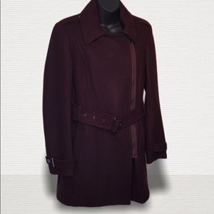 Kenneth Cole wool winter coat belted, zip, plum